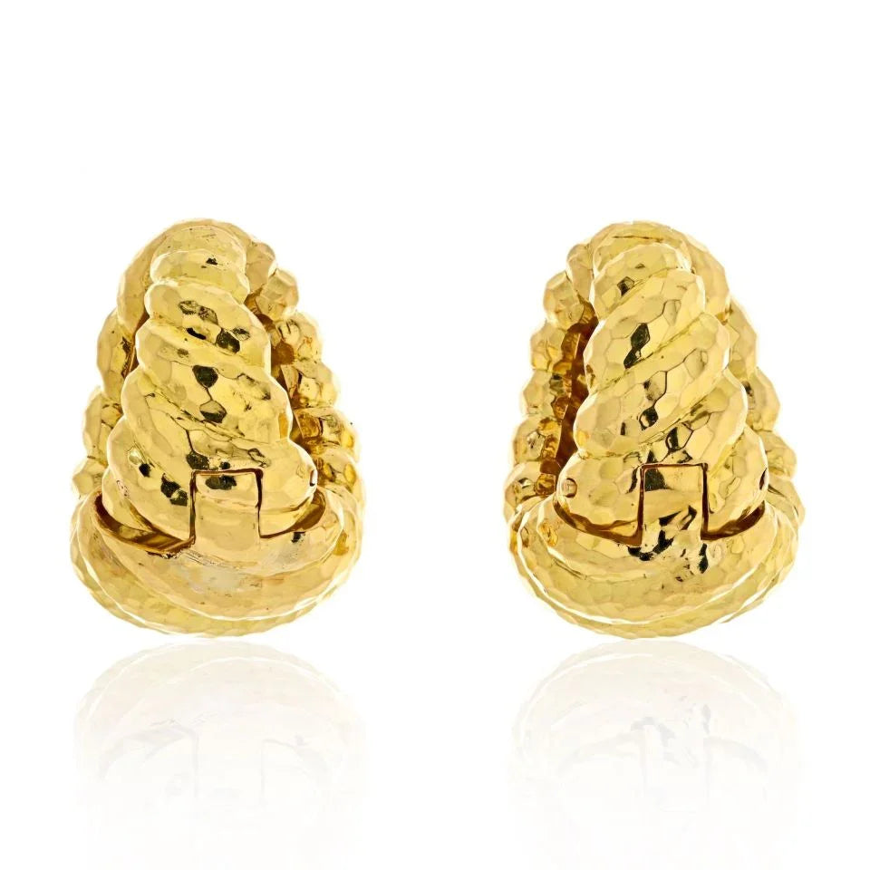 David Webb Platinum & 18K Yellow Gold Jumbo Shrimp Hammered Clip On Earrings - The Back Vault