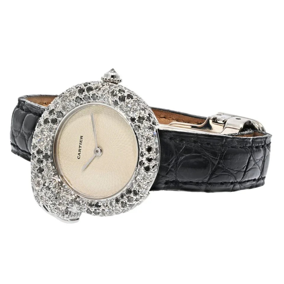 Cartier 18K White Gold Diamond Panthere 1925 Model Ref: 2323 Quartz Leather Women Watch - The Back Vault