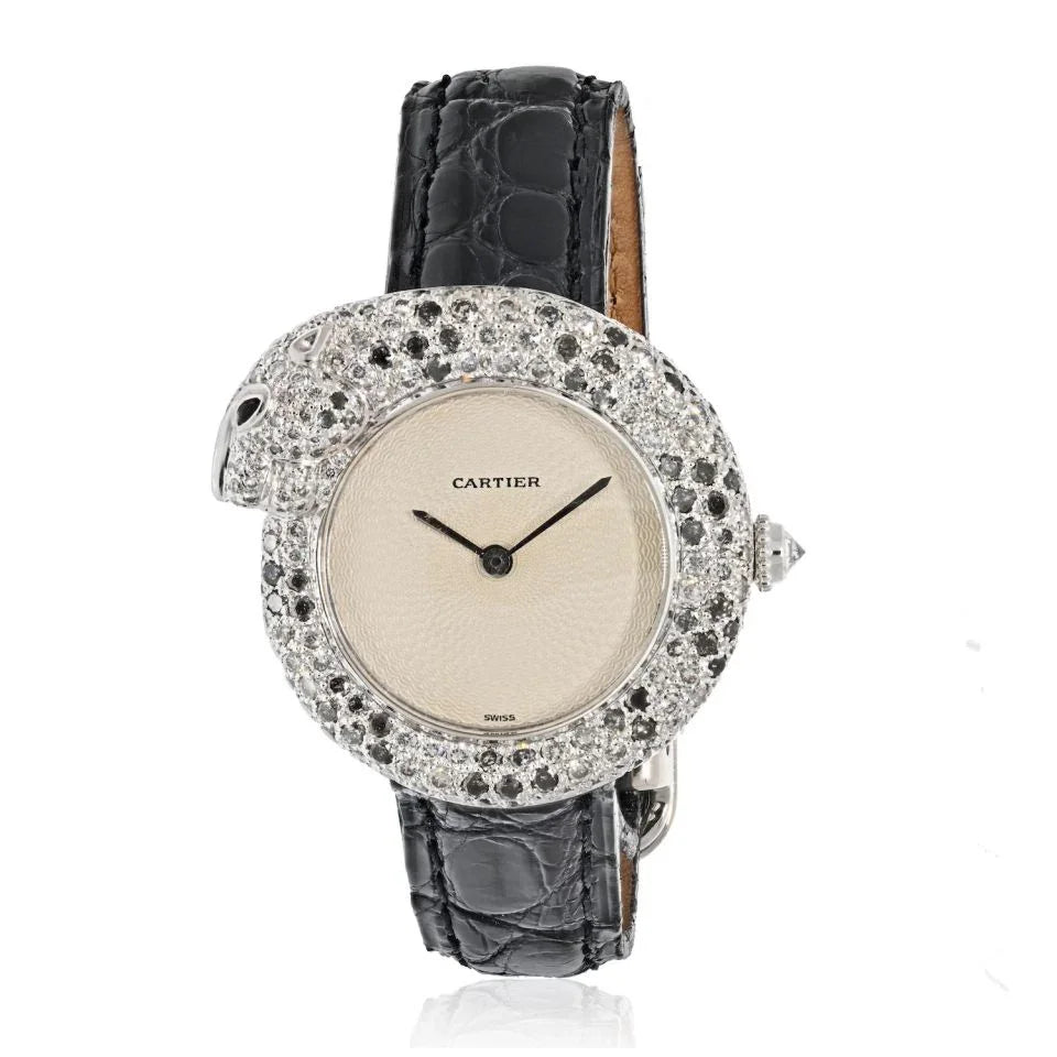 Cartier 18K White Gold Diamond Panthere 1925 Model Ref: 2323 Quartz Leather Women Watch - The Back Vault