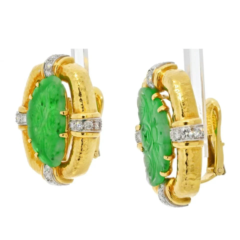 David Webb Platinum & 18K Yellow Gold Hammered Jade Diamond Clip On Earrings - The Back Vault