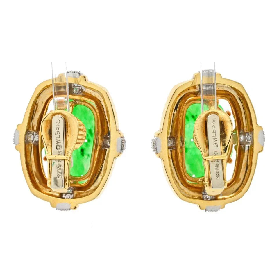 David Webb Platinum & 18K Yellow Gold Hammered Jade Diamond Clip On Earrings - The Back Vault