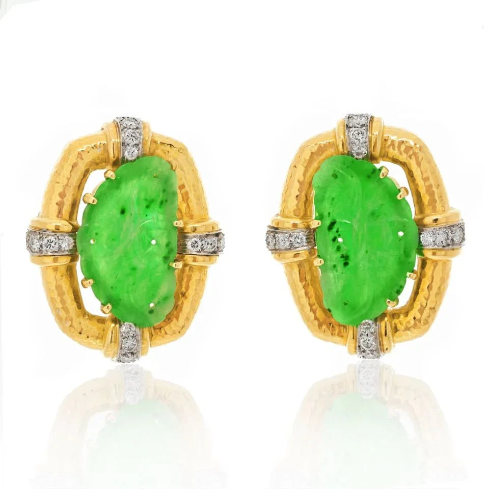 David Webb Platinum & 18K Yellow Gold Hammered Jade Diamond Clip On Earrings - The Back Vault