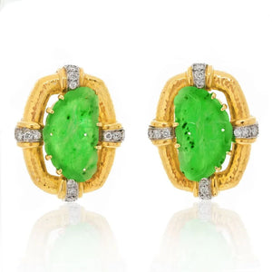 David Webb Platinum & 18K Yellow Gold Hammered Jade Diamond Clip On Earrings