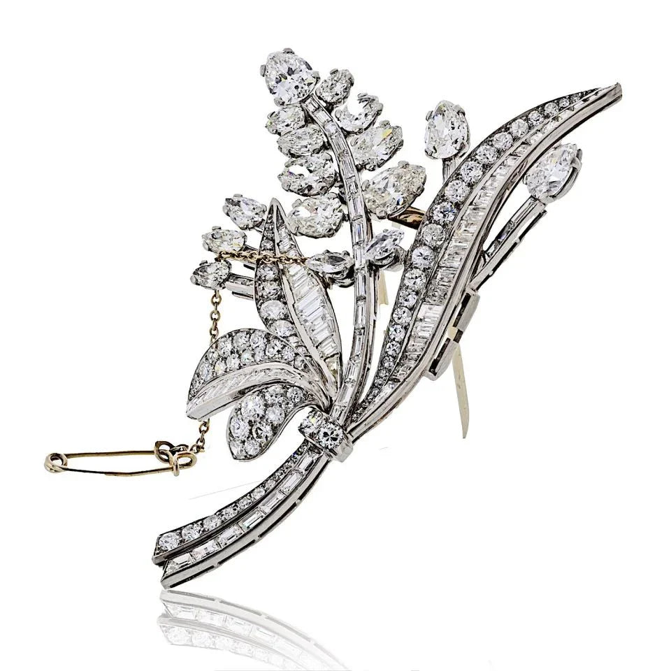 Platinum 17.00cttw Diamond Foliage Style Vintage Brooch - The Back Vault