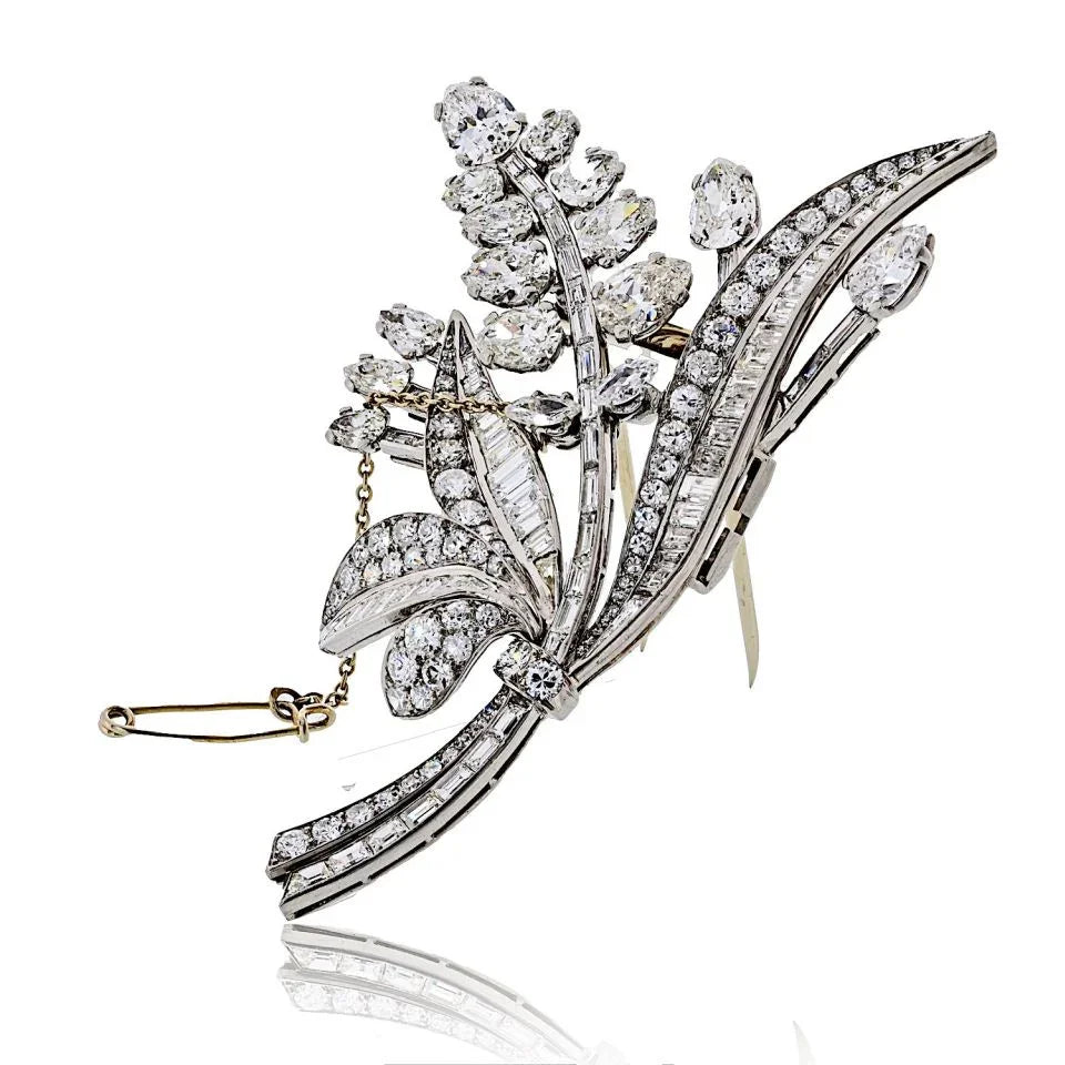 Platinum 17.00cttw Diamond Foliage Style Vintage Brooch - The Back Vault