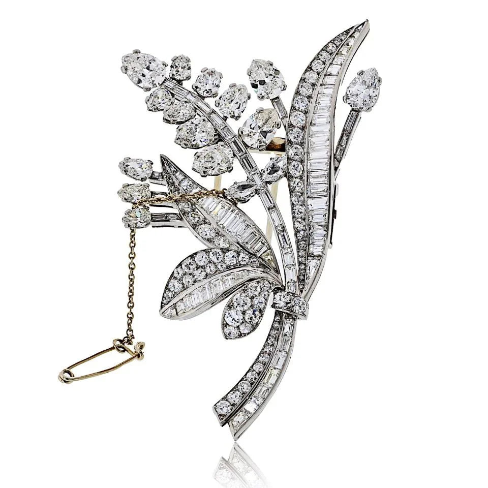 Platinum 17.00cttw Diamond Foliage Style Vintage Brooch - The Back Vault