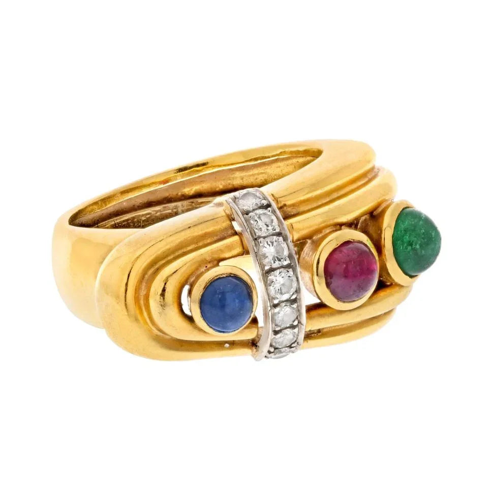 David Webb 18K Yellow Gold Diamond, Sapphire, Ruby And Emerald Buckle Ring - The Back Vault