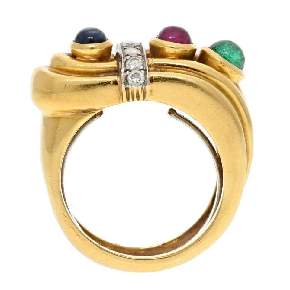David Webb 18K Yellow Gold Diamond, Sapphire, Ruby And Emerald Buckle Ring - The Back Vault