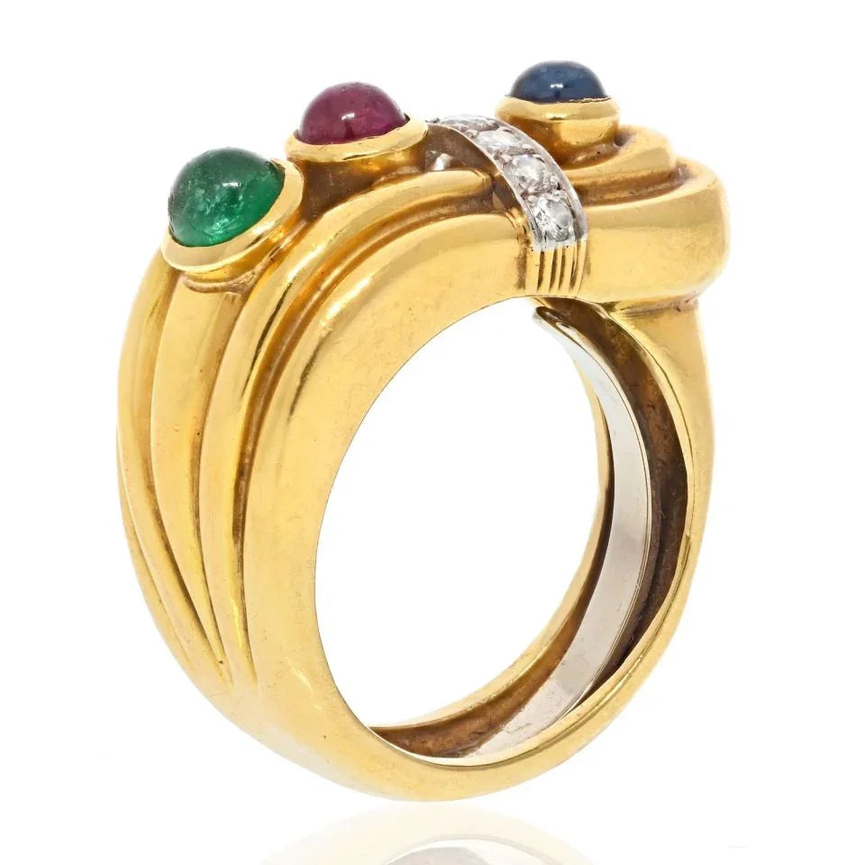 David Webb 18K Yellow Gold Diamond, Sapphire, Ruby And Emerald Buckle Ring - The Back Vault
