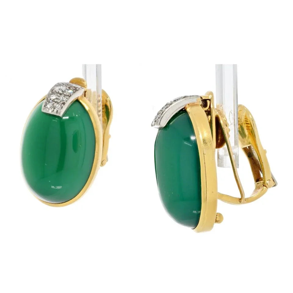 David Webb 18K Yellow Gold Oval Cabochon Green Chrysophase And Diamond Clip Earrings - The Back Vault