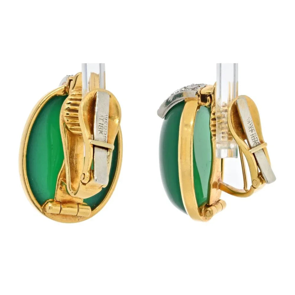 David Webb 18K Yellow Gold Oval Cabochon Green Chrysophase And Diamond Clip Earrings - The Back Vault