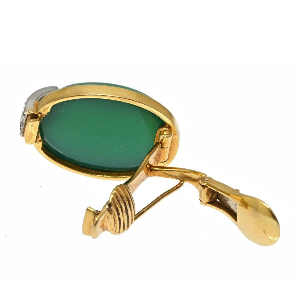 David Webb 18K Yellow Gold Oval Cabochon Green Chrysophase And Diamond Clip Earrings - The Back Vault