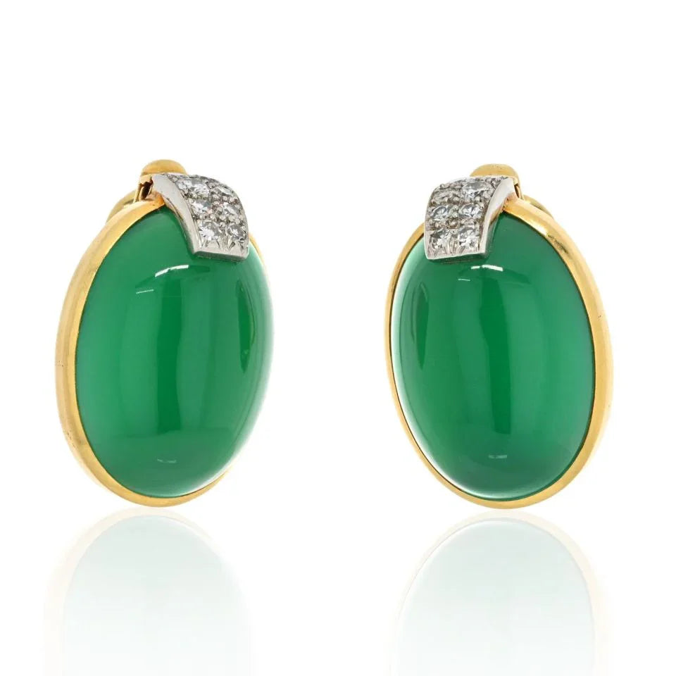 David Webb 18K Yellow Gold Oval Cabochon Green Chrysophase And Diamond Clip Earrings - The Back Vault