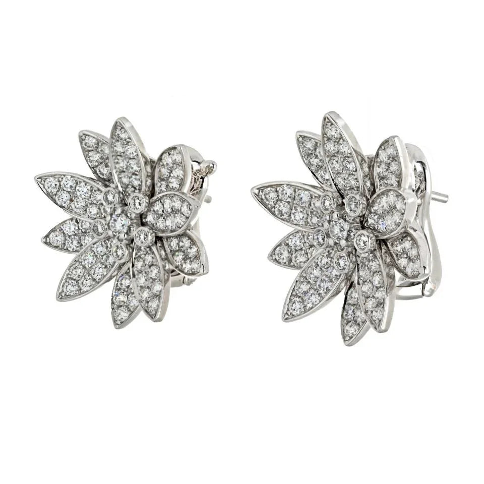 Van Cleef & Arpels 18K White Gold Lotus Diamond Medium Model Earrings - The Back Vault