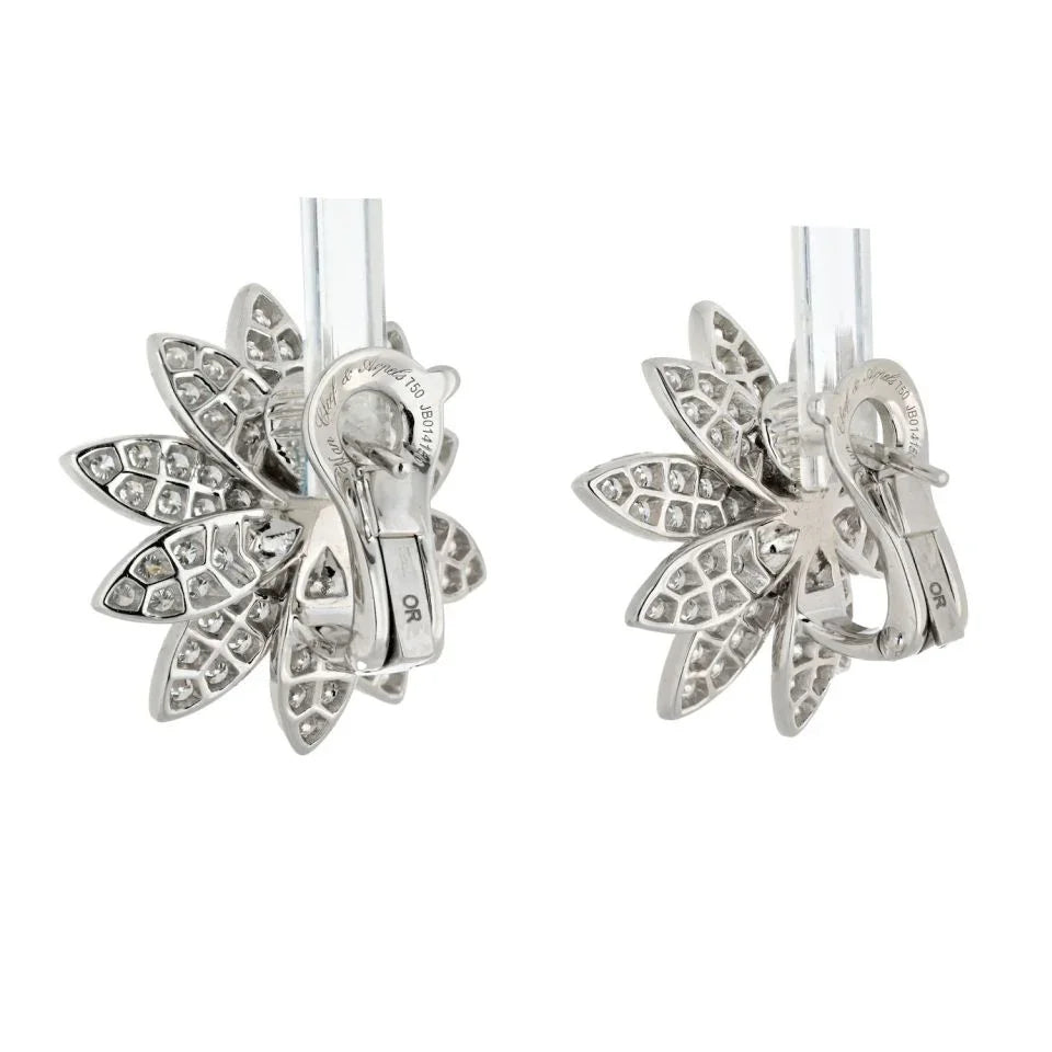 Van Cleef & Arpels 18K White Gold Lotus Diamond Medium Model Earrings - The Back Vault