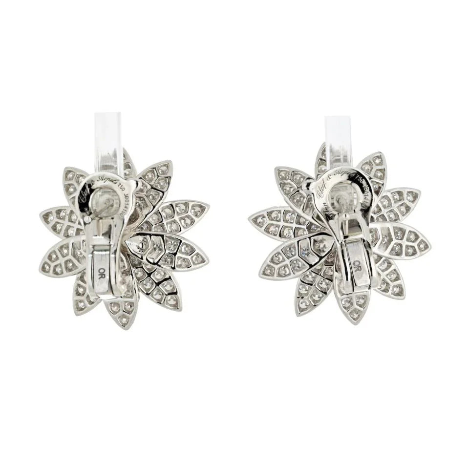 Van Cleef & Arpels 18K White Gold Lotus Diamond Medium Model Earrings - The Back Vault