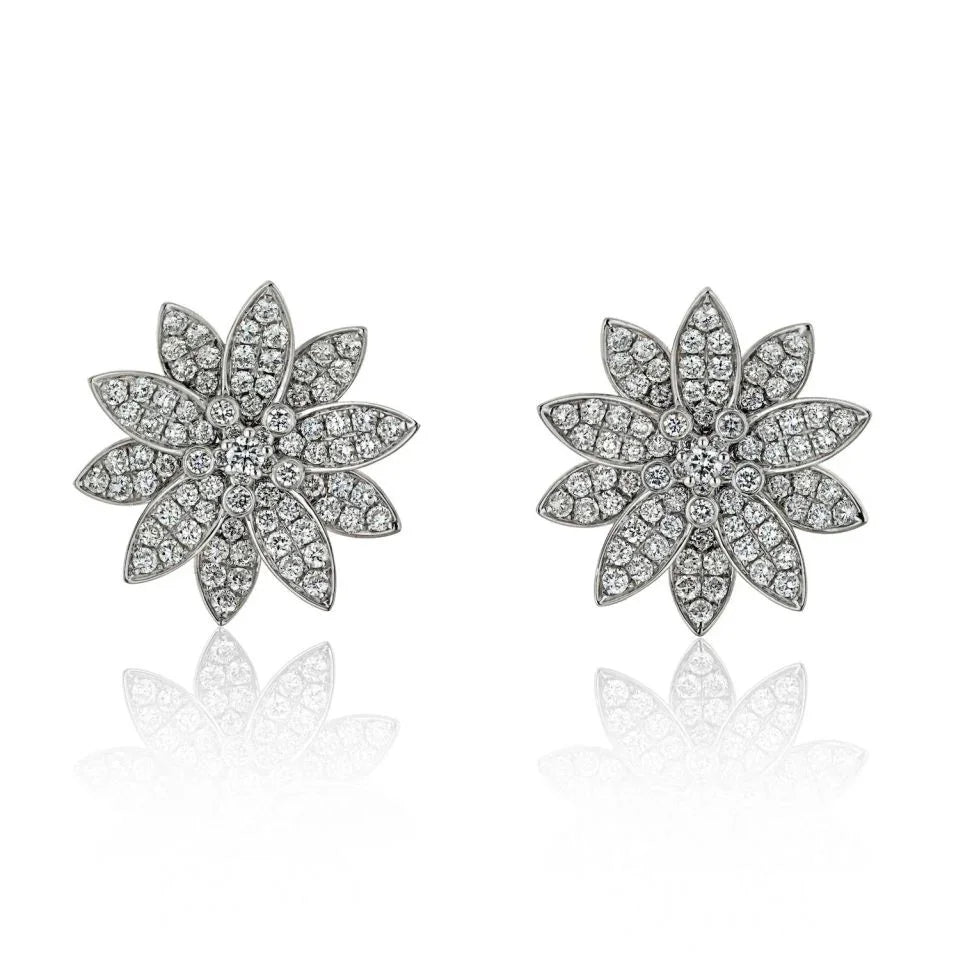 Van Cleef & Arpels 18K White Gold Lotus Diamond Medium Model Earrings - The Back Vault