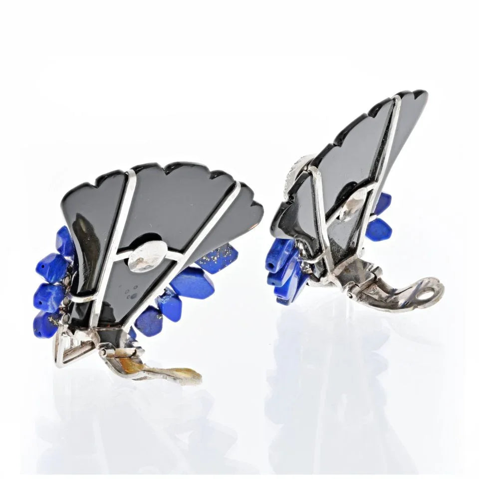 18K White Gold Onyx, Lapis And Diamond Fan Clip On Earrings - The Back Vault