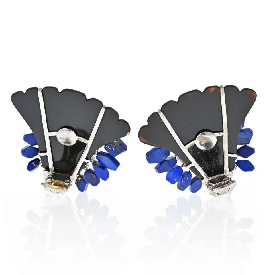 18K White Gold Onyx, Lapis And Diamond Fan Clip On Earrings - The Back Vault