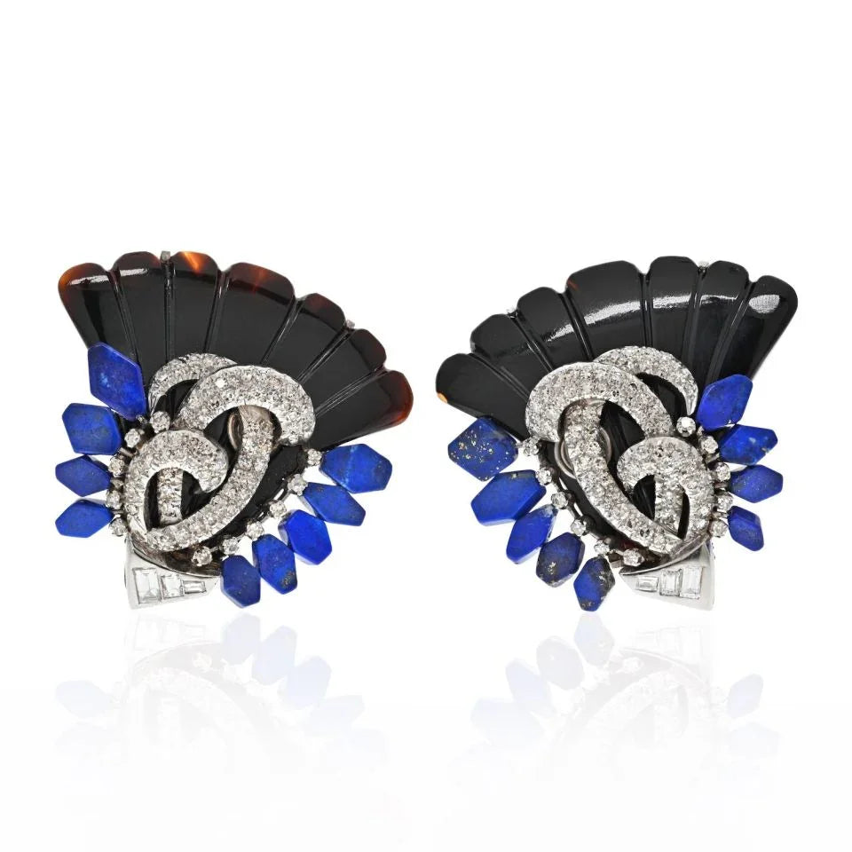 18K White Gold Onyx, Lapis And Diamond Fan Clip On Earrings - The Back Vault