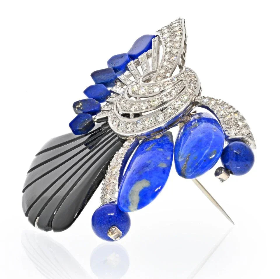 18K White Gold Onyx, Blue Lapis And Diamond Brooch - The Back Vault