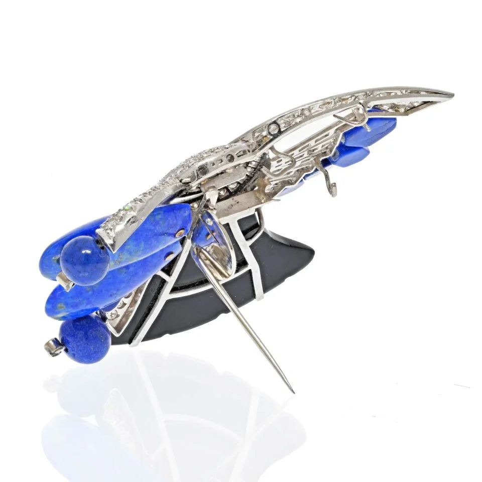 18K White Gold Onyx, Blue Lapis And Diamond Brooch - The Back Vault