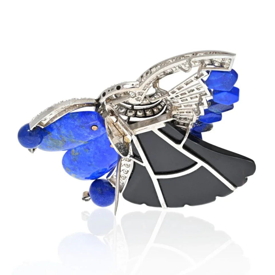 18K White Gold Onyx, Blue Lapis And Diamond Brooch - The Back Vault