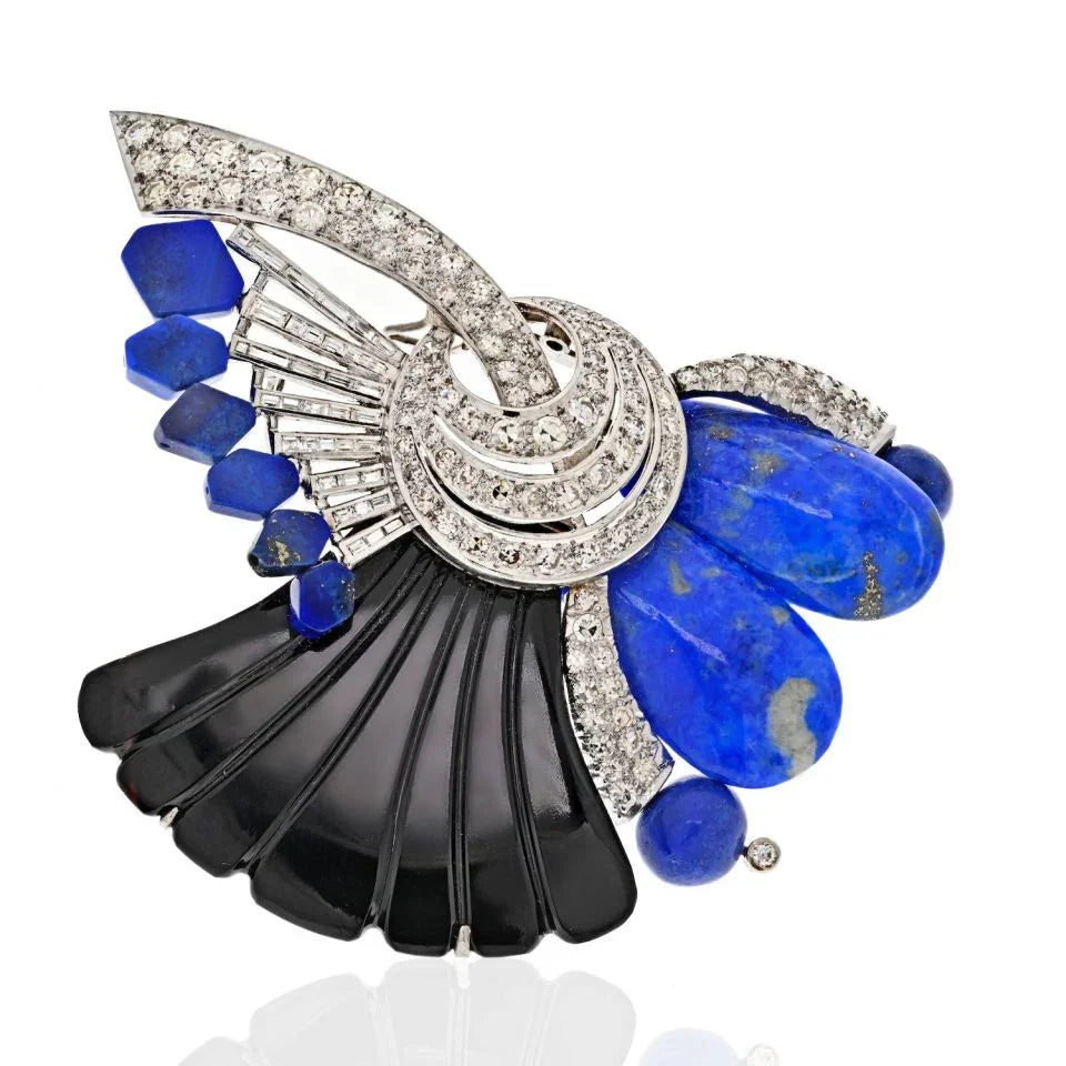 18K White Gold Onyx, Blue Lapis And Diamond Brooch - The Back Vault