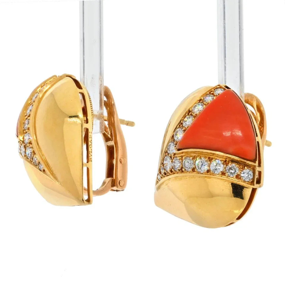 Bvlgari 18K Yellow Gold Coral And Diamond Earrings - The Back Vault