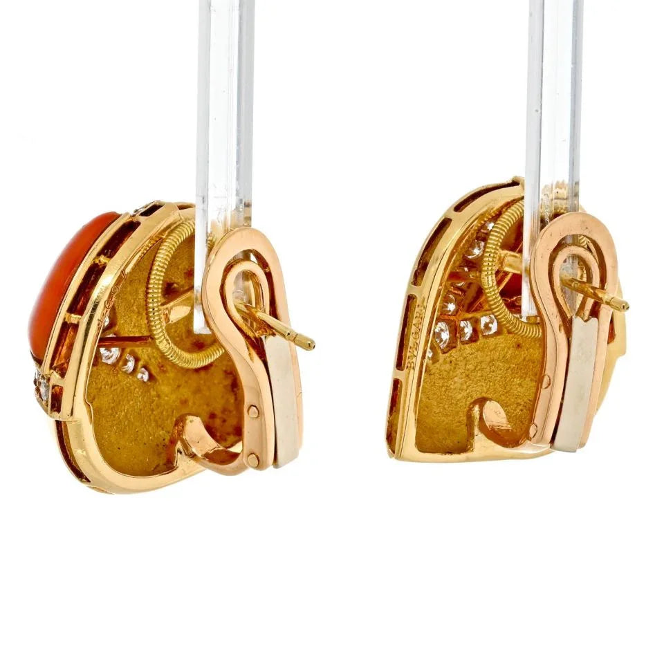Bvlgari 18K Yellow Gold Coral And Diamond Earrings - The Back Vault