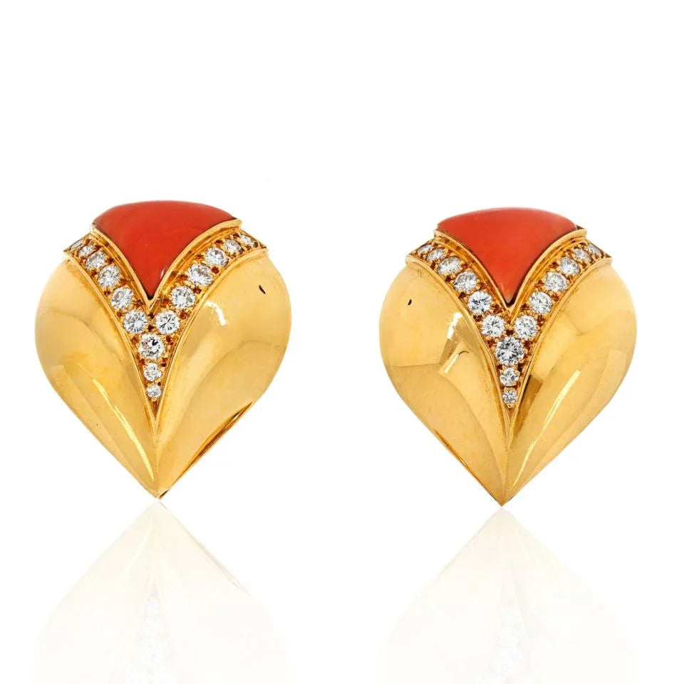 Bvlgari 18K Yellow Gold Coral And Diamond Earrings - The Back Vault