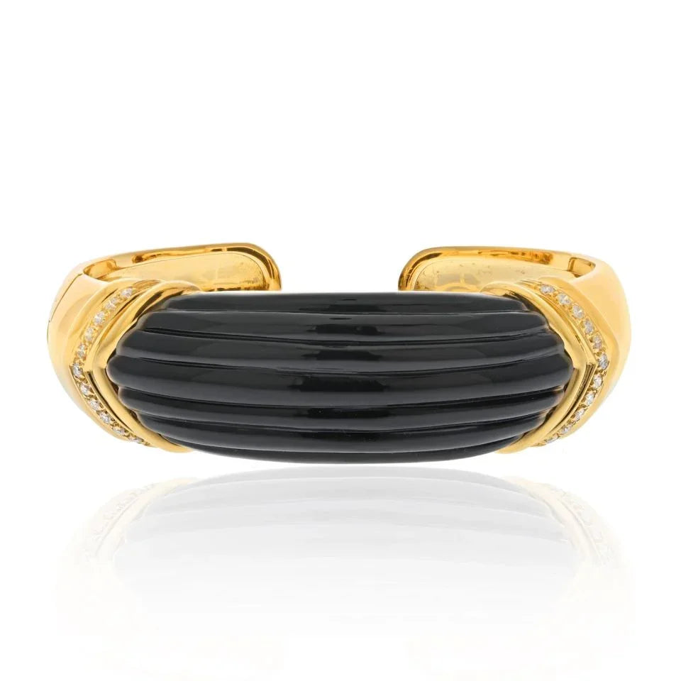 David Webb Platinum & 18K Yellow Gold Carved Onyx And Diamond Hinged Cuff Bracelet - The Back Vault