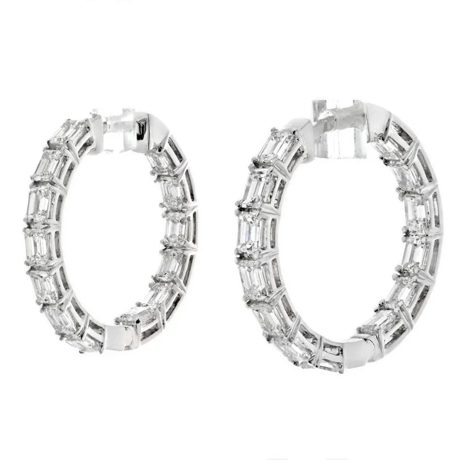 14K White Gold 3.25cttw Wide Inside Out Emerald Cut Diamond Hoop Earrings - The Back Vault