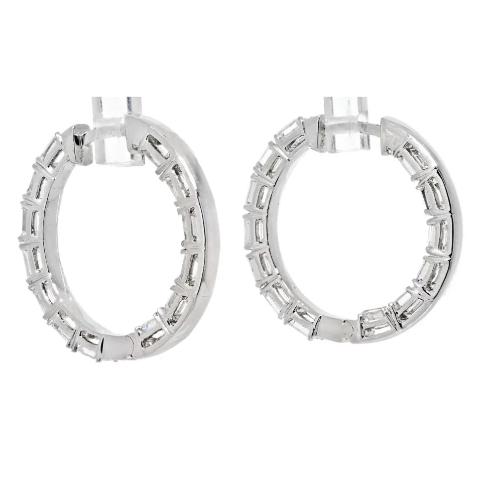14K White Gold 3.25cttw Wide Inside Out Emerald Cut Diamond Hoop Earrings - The Back Vault