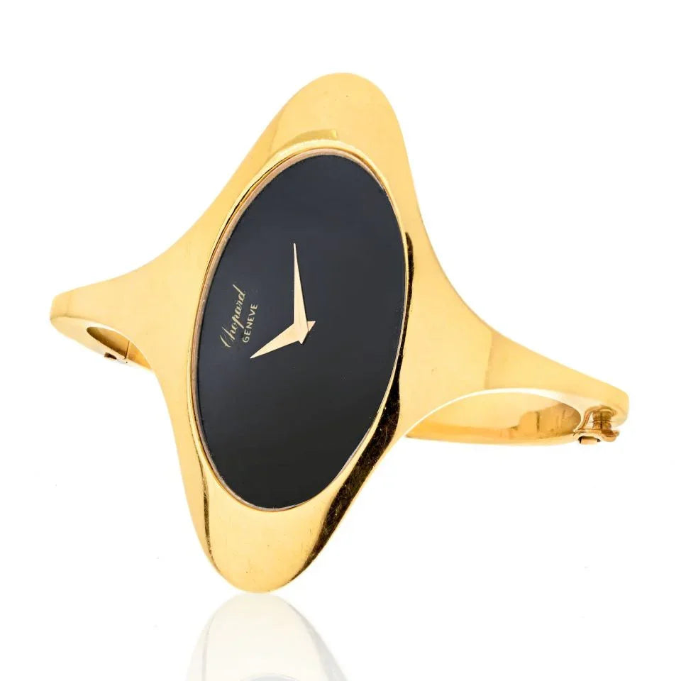 Chopard Ellipse 18K Yellow Gold 1970's Oval Dial 5038 Black Dial Watch - The Back Vault