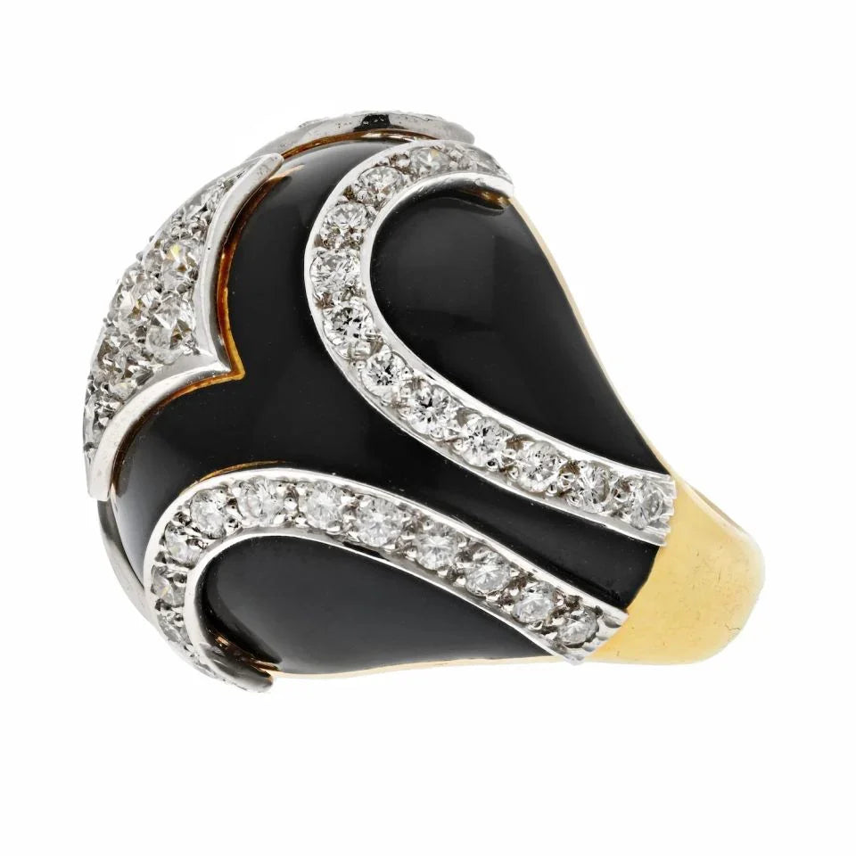 David Webb Platinum & 18K Yellow Gold Black Enamel Diamond Bombe Ring - The Back Vault
