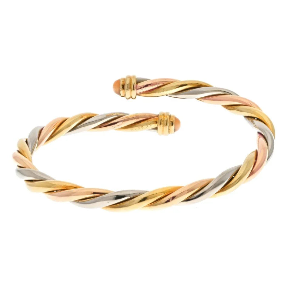 Cartier 18K Yellow Gold Tri-Color Twist Bangle With Coral Tips Bracelet - The Back Vault