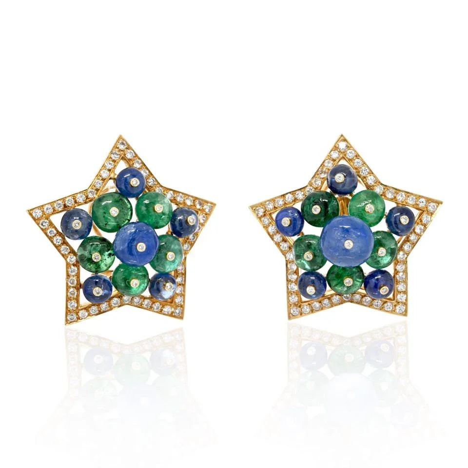 18K Yellow Gold Multicolor Sapphire, Green Emerald And Diamond Star Earrings - The Back Vault