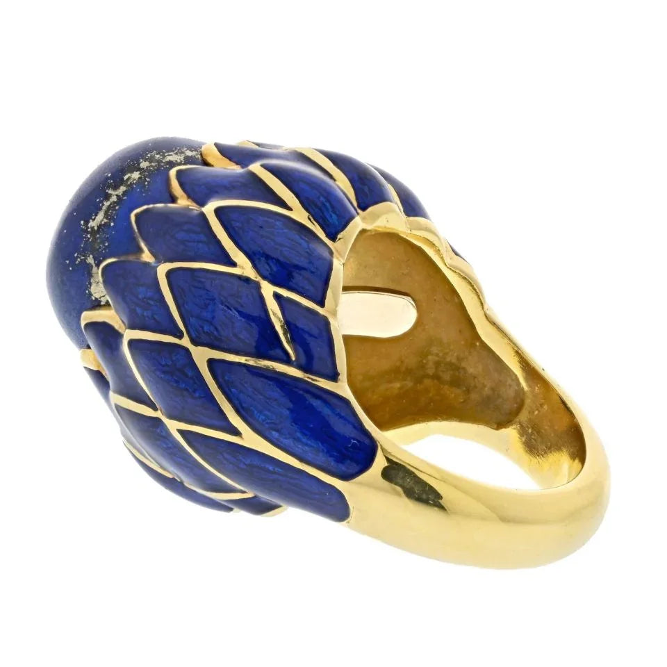 David Webb Platinum & 18K Yellow Gold Lapis And Blue Enamel Ring - The Back Vault