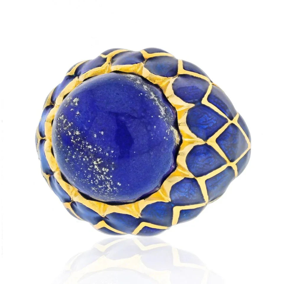 David Webb Platinum & 18K Yellow Gold Lapis And Blue Enamel Ring - The Back Vault