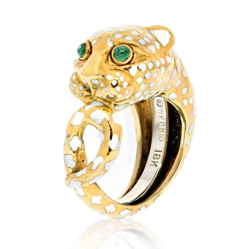 David Webb Platinum & 18K Yellow Gold Leopard With White Enamel Ring - The Back Vault
