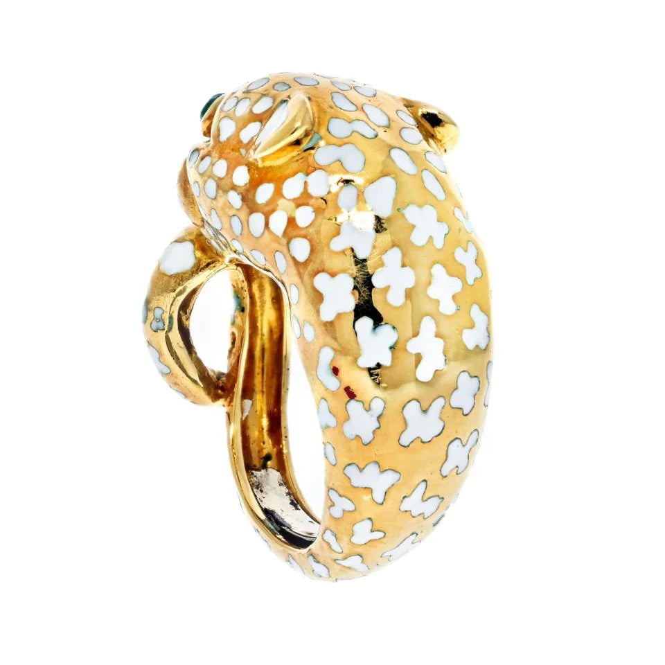 David Webb Platinum & 18K Yellow Gold Leopard With White Enamel Ring - The Back Vault