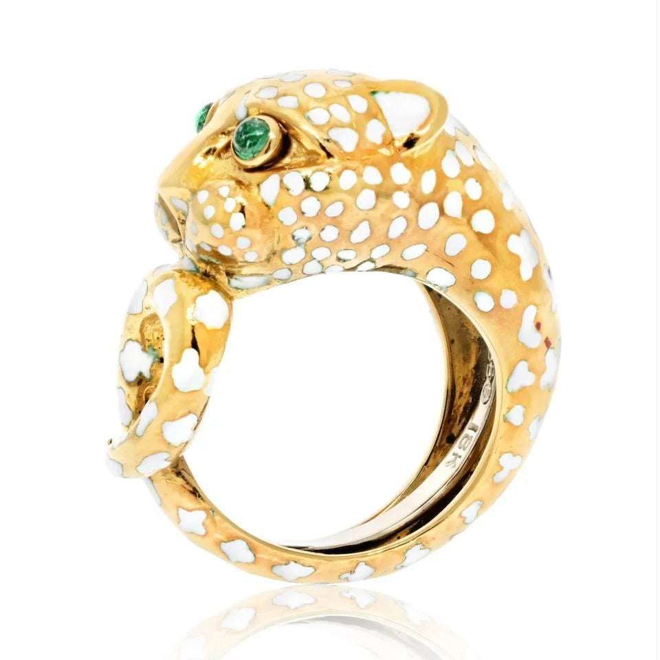 David Webb Platinum & 18K Yellow Gold Leopard With White Enamel Ring - The Back Vault