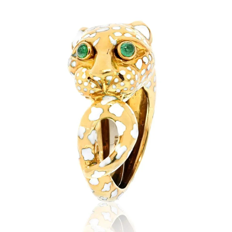 David Webb Platinum & 18K Yellow Gold Leopard With White Enamel Ring - The Back Vault