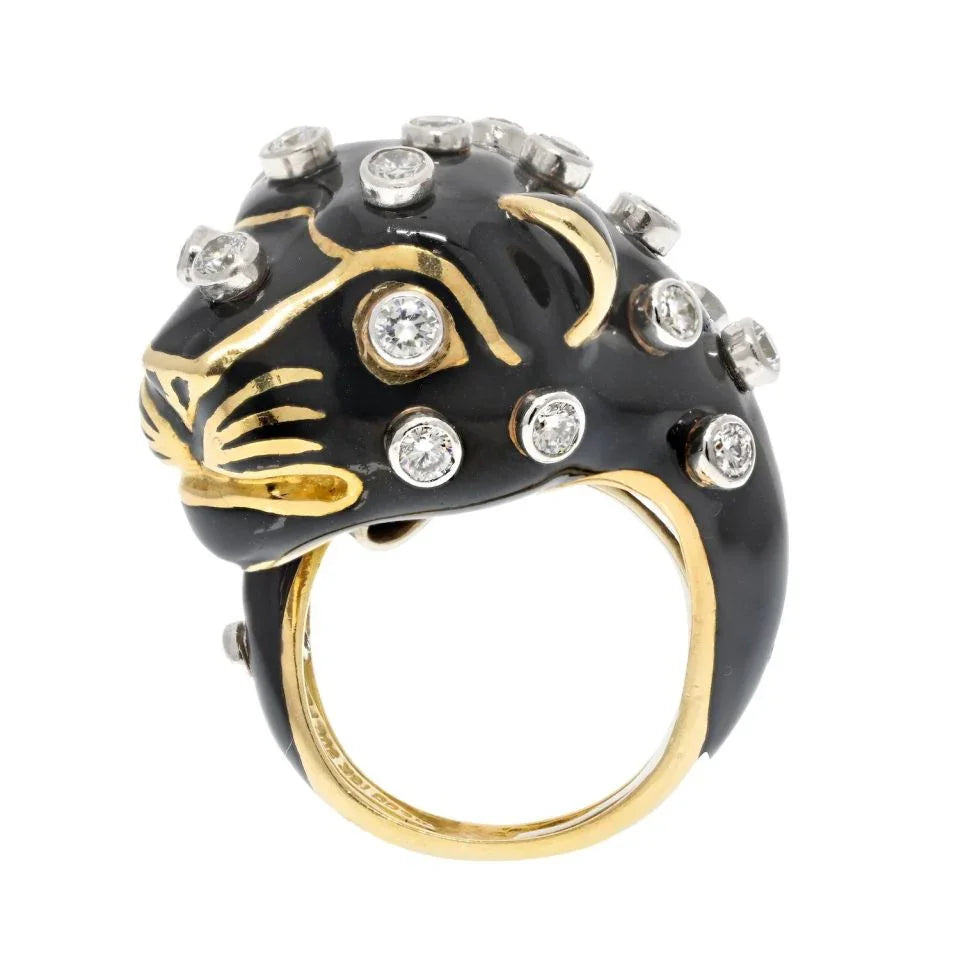 David Webb Platinum & 18K Yellow Gold Black Leopard With Diamond Spots Ring - The Back Vault