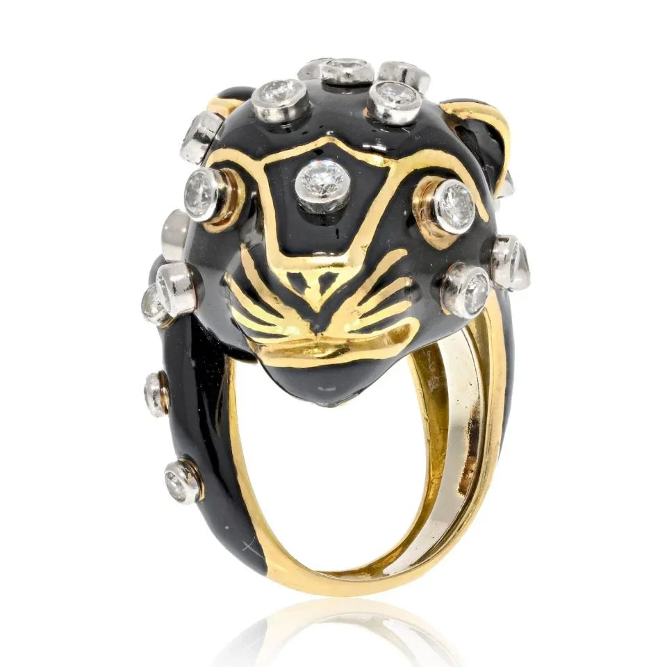David Webb Platinum & 18K Yellow Gold Black Leopard With Diamond Spots Ring - The Back Vault