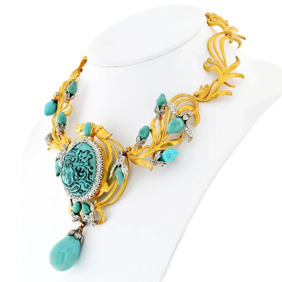 18K Yellow Gold Persian Turquoise Antique Diamond Necklace - The Back Vault
