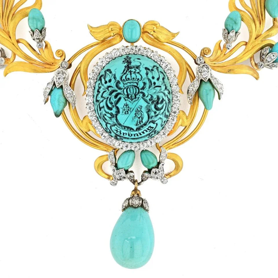 18K Yellow Gold Persian Turquoise Antique Diamond Necklace - The Back Vault