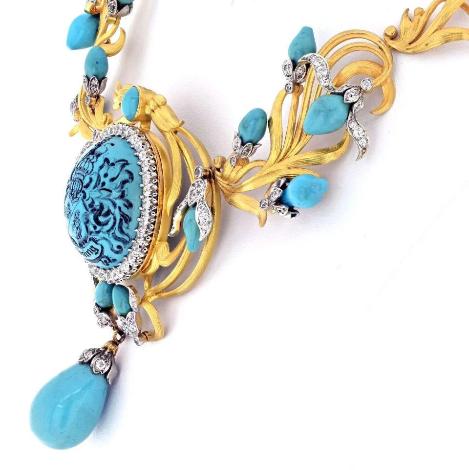 18K Yellow Gold Persian Turquoise Antique Diamond Necklace - The Back Vault