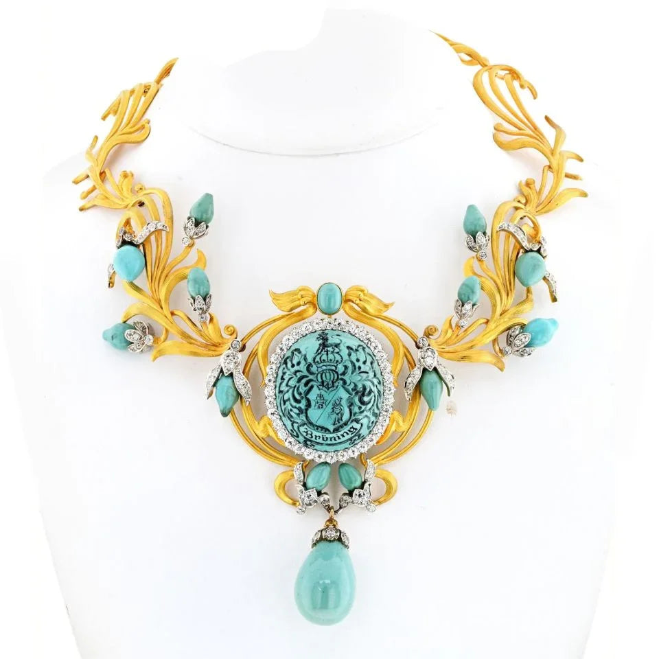 18K Yellow Gold Persian Turquoise Antique Diamond Necklace - The Back Vault